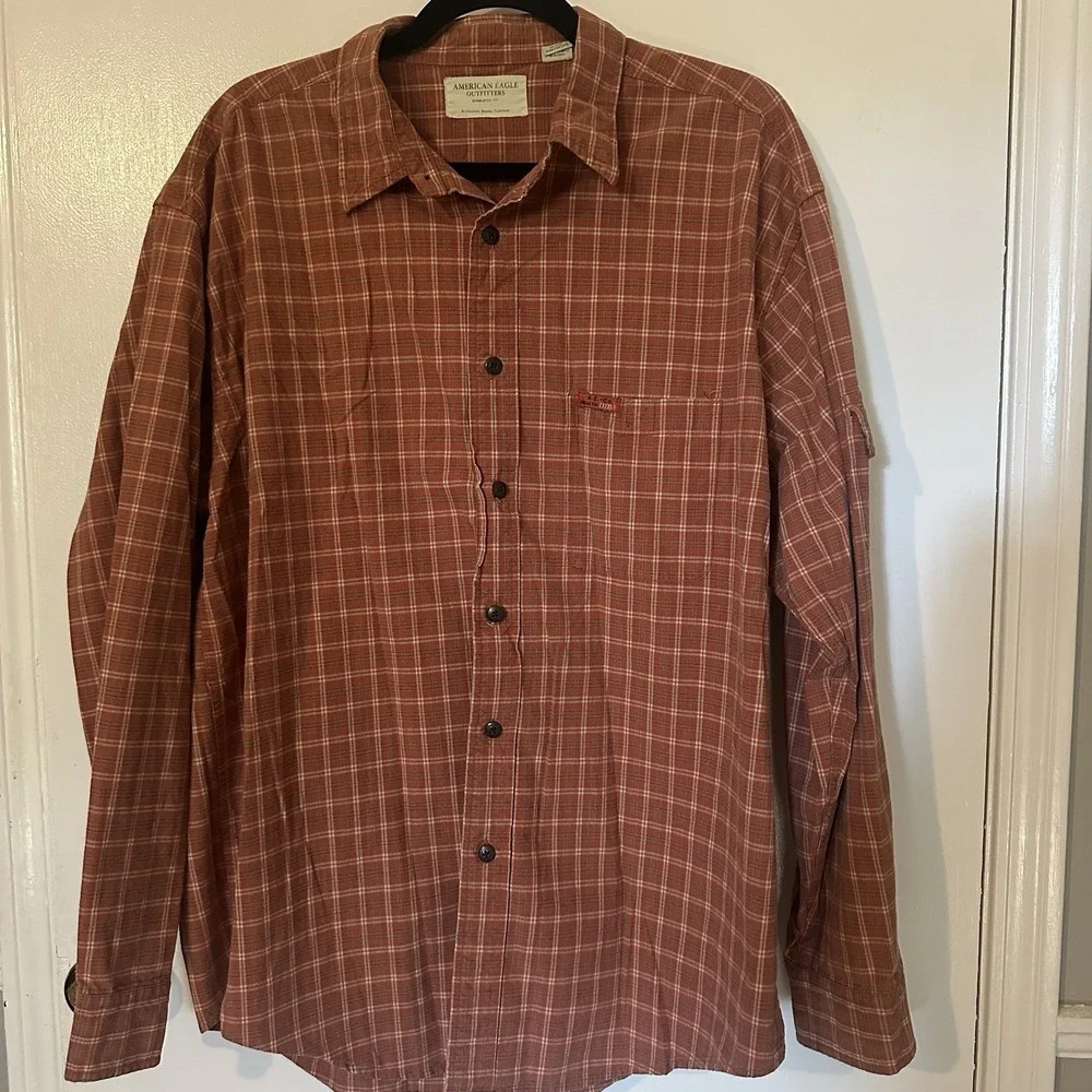 Vintage American eagle Outfitters Cotton Cargo Shirt Rust‎ Button Up Plaid L